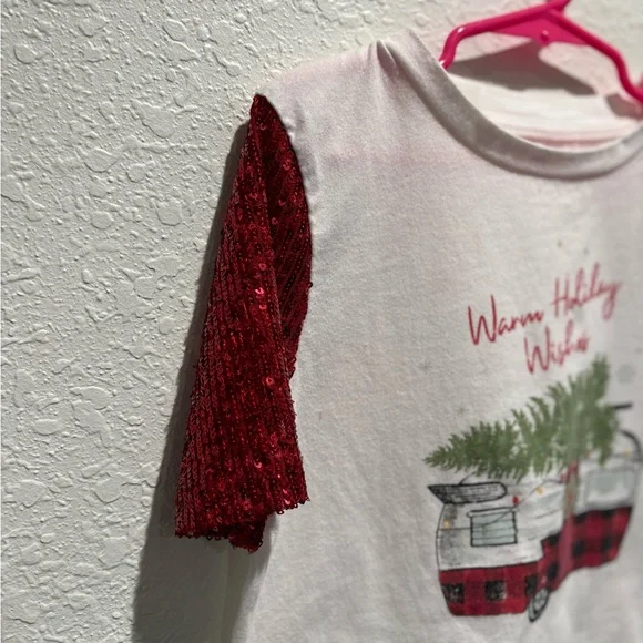 Girls Size 8 Holiday Shirt with Red Sparkles Sleeves- Evsie 8 - Picture 2 of 5